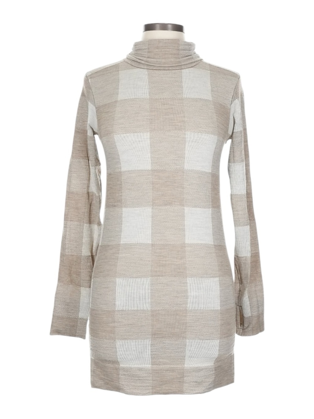 Athleta Remarkawool Turtleneck Sweater Dress Buffalo Plaid Beige Wool L NWT